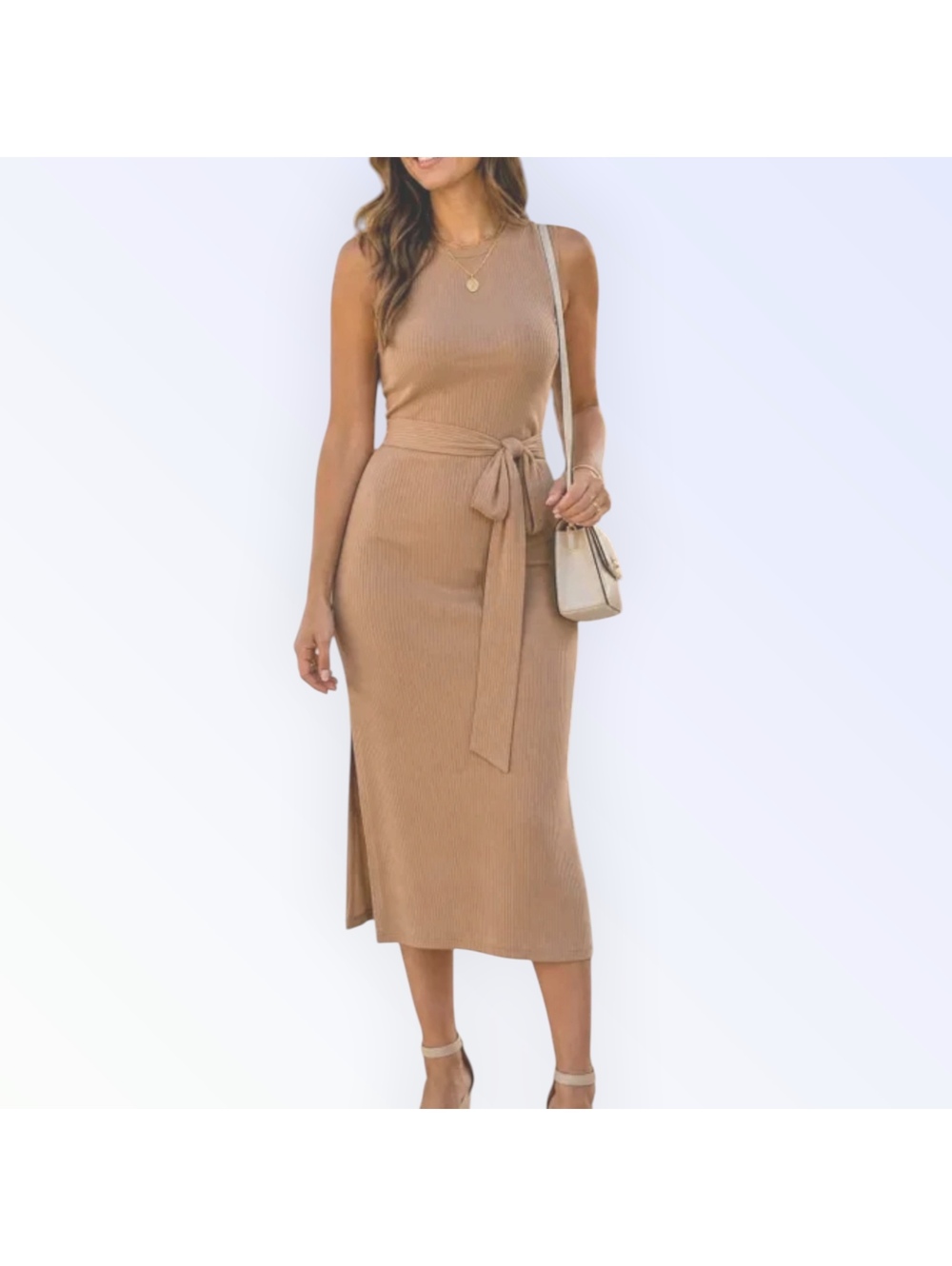 Lands' End tan sleeveless rib knit midi dress